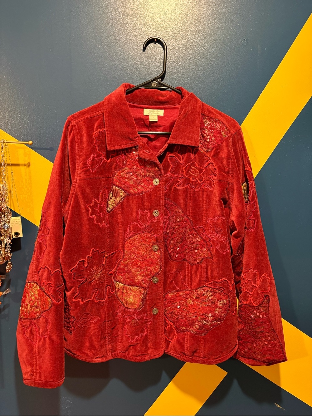 Christopher & Banks Red Velvet Embroidered Floral Jacket EUC